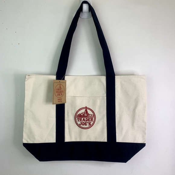 Trader Joe’s Canvas Tote Bag Navy Red Grocery Shopping Eco Reusable Shopper NWT - Picture 1 of 6